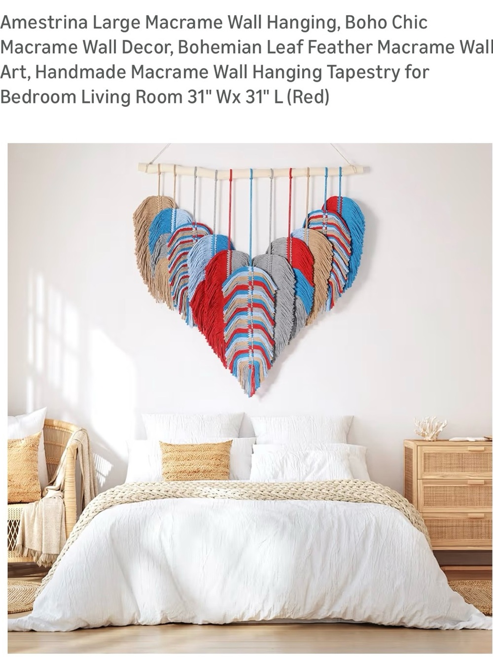 Red Multicolor Macrame Wall Hanging - Boho Leaf Feather Tapestry